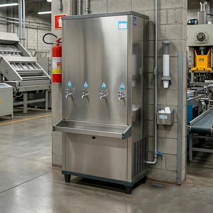Bebedouro industrial instalado em fábrica para locação