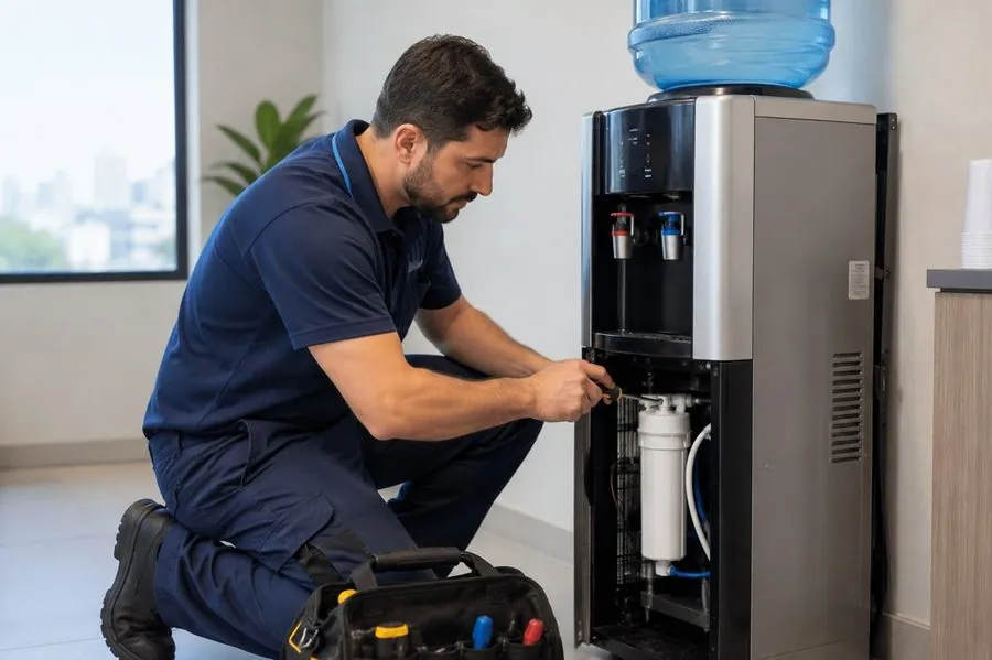 Técnico fazendo manutenção em bebedouro